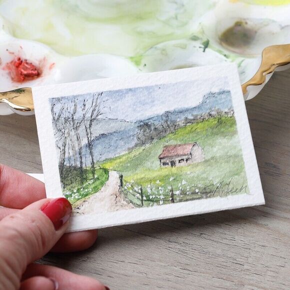 ACEO Ink & Watercolor Orig. Landscape Farmhouse Country "Springtime" Signed - Picture 3 of 3